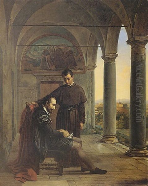 Torquato Tasso Convalescing In The Convent Of Saint'onofrio In Rome Oil Painting by Charles Philippe Auguste de Lariviere