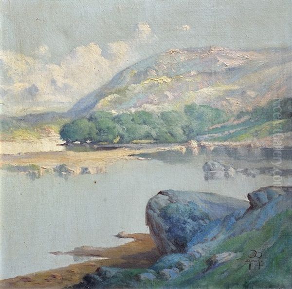 Paisaje Con Lago Y Cerro Oil Painting by Ernesto Laroche