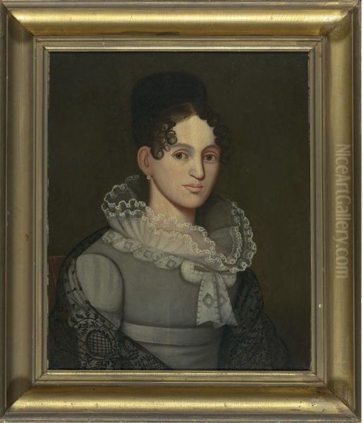 Portrait Of A Young Girl With Ruffled Collar And Black Lace Shawl Oil Painting by Zedekiah Belknap