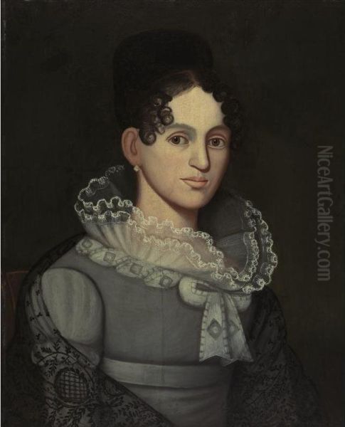 Portrait Of A Young Girl With Ruffled Collar And Black Lace Shawl Oil Painting by Zedekiah Belknap