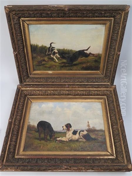 Deux Griffons Poursuivant Puis Attrapant Un Lievre (2 Works) Oil Painting by George LaRocque