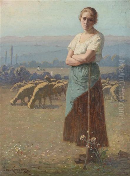 Shepherdess Standing In A Summer Landscape Before A Flock Of Sheep Oil Painting by Jean Laronze