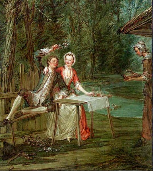 A Woodland Landscape With A Serving Maid And A Couple Drinking At A Table Oil Painting by Marcellus Laroon the Elder