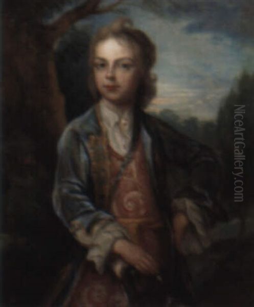 Portrait Of A Boy, In Blue Coat With Gold Embroidery Oil Painting by Marcellus Laroon the Elder