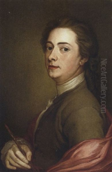 Portrait Of James Macardell In A Brown Jacket And Red Cloak, Holding A Port-crayon In His Right Hand by Marcellus Laroon the Younger