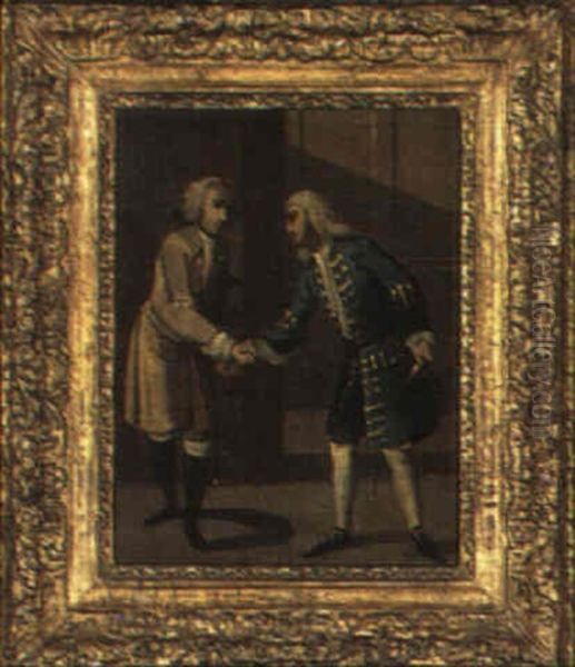 Two Gentlemen Shaking Hands Oil Painting by Marcellus Laroon the Younger