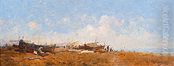 Pescadores En La Playa Oil Painting by Andres Larraga Montaner