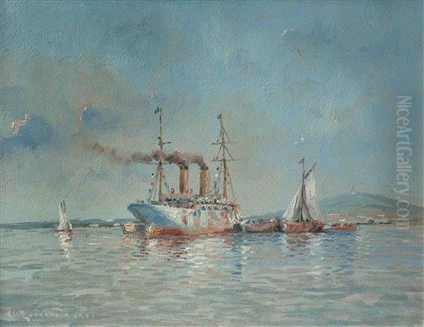 Puerto De Montevideo Con Veleros Oil Painting by Manuel Larravide