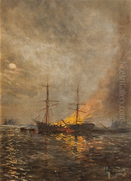 Fragata Incendiandose Oil Painting by Manuel Larravide