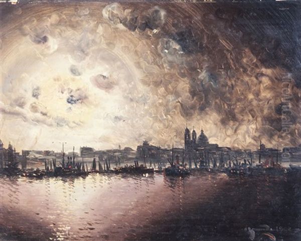 Puerto De Montevideo Oil Painting by Manuel Larravide