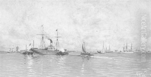 Vapores Y Fragatas La Bahia De Montevideo 1895 Oil Painting by Manuel Larravide