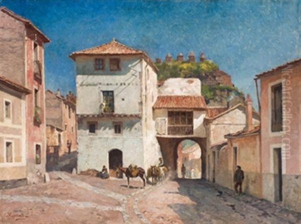 Plaza De Pueblo Oil Painting by Jose de Larrocha Gonzalez