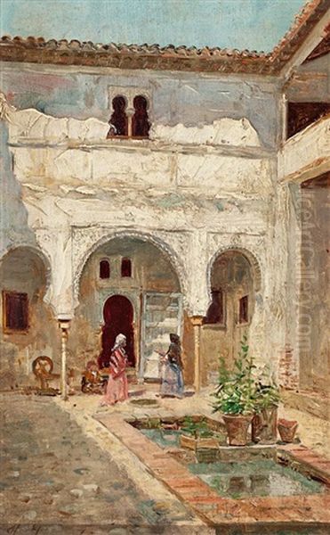 Vista De Un Patio De Granada (+ Calle De Granada; 2 Works) Oil Painting by Jose de Larrocha Gonzalez