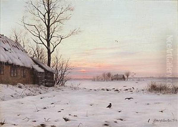 Danish Winter Landscape At Sunset Oil Painting by Adolf Alfred Larsen