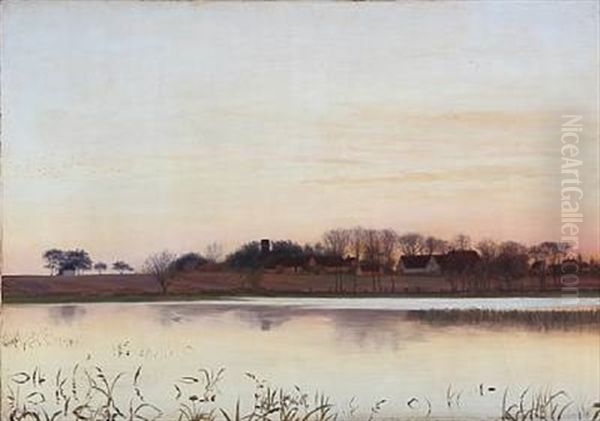 Sunset Above A Danish Village Oil Painting by Adolf Alfred Larsen