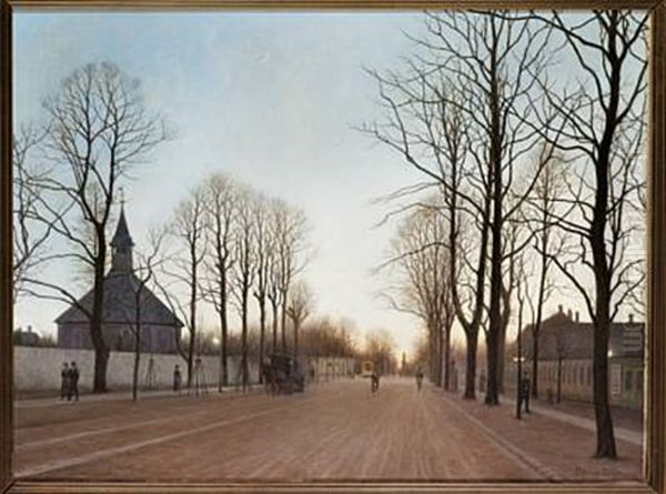 View Of Frederiksberg Alle And Frederiksberg Church Oil Painting by Adolf Alfred Larsen