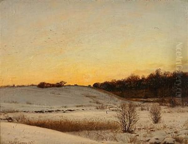 Winter Landscape With Snow Covered Fields At Sunset Oil Painting by Adolf Alfred Larsen