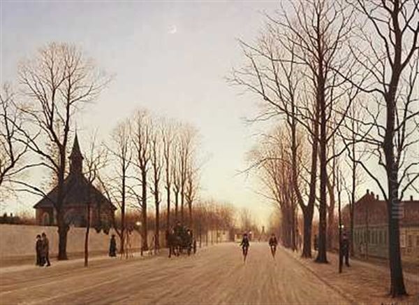 Parti Fra Frederiksberg Alle En Vinterdag Ved Solnedgang Oil Painting by Adolf Alfred Larsen