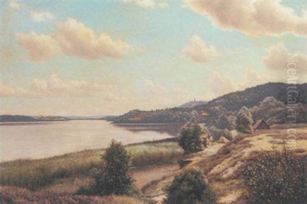 An Extensive Lake Landscape Oil Painting by Adolf Alfred Larsen