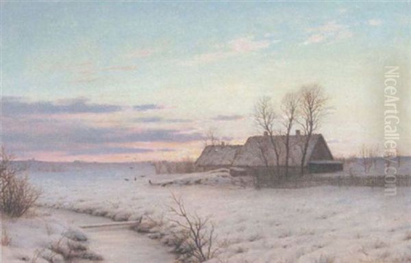 A Cottage In A Winter Landscape At Dusk Oil Painting by Adolf Alfred Larsen