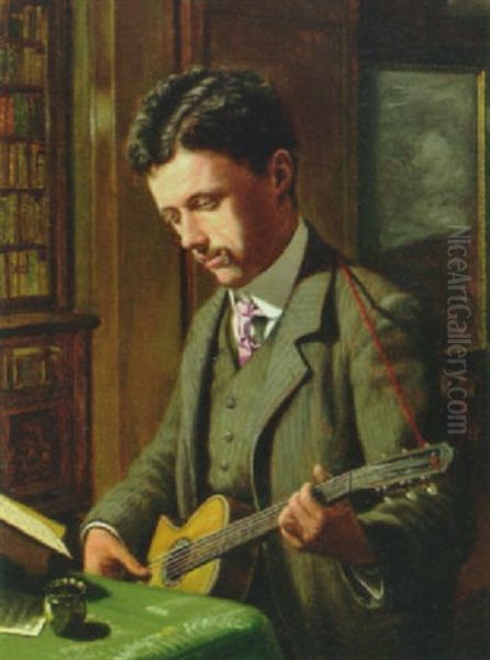 Portraet Af Min Plejeson Marius Andreasen Siddende Med En Guitar Oil Painting by Adolf Alfred Larsen