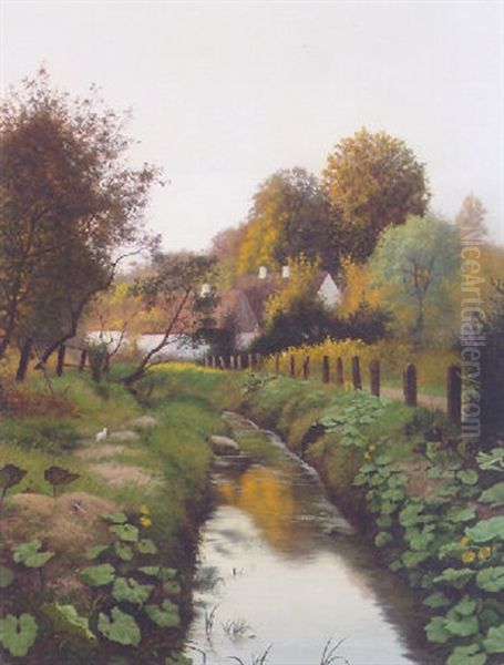 A Farmstead Beside A Stream Oil Painting by Adolf Alfred Larsen