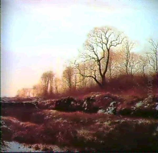 Sneklaedt Landskab Med Solnedgangsstemning Oil Painting by Adolf Alfred Larsen