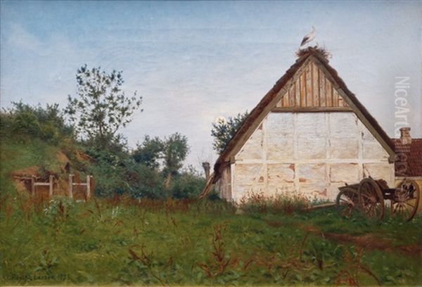 A Farmhouse With Storks Oil Painting by Adolph Larsen