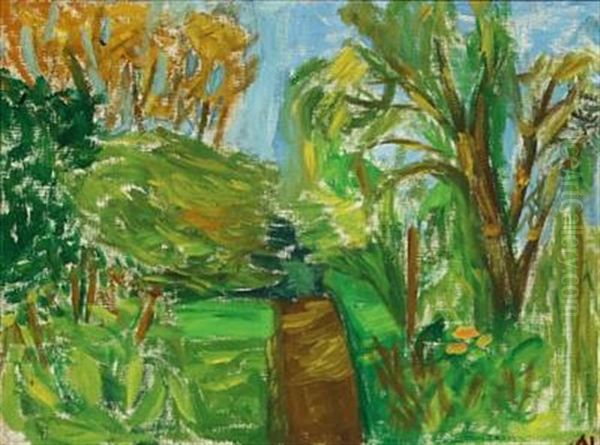 Scenery From The Artist's Garden On Mollebakken Oil Painting by Ahled Larsen