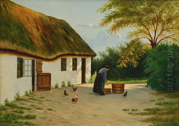 A Farm With A Peasant Woman Oil Painting by Alfred (Valdemar) Larsen