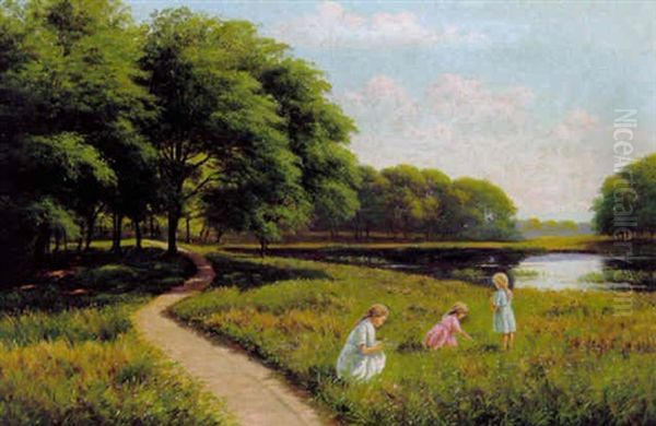 Skovparti Med Tre Sma Piger, Der Plukker Blomster Oil Painting by Alfred (Valdemar) Larsen