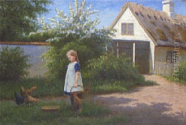 Feeding Chickens Oil Painting by Alfred (Valdemar) Larsen