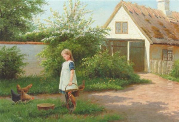 En Lille Pige, Der Fodrer Hons Oil Painting by Alfred (Valdemar) Larsen