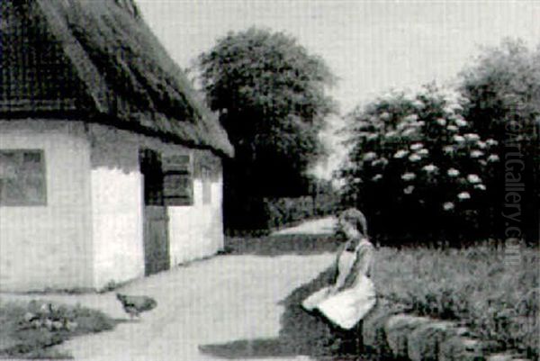 Feeding The Chickens By A Thatched Cottage Oil Painting by Alfred (Valdemar) Larsen