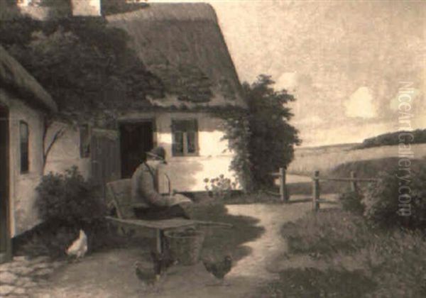 A Farmer Relaxing Outside His House In Summer Oil Painting by Alfred (Valdemar) Larsen