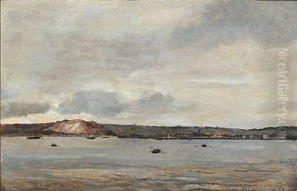 Coastal Scene From Cherbourg With Among Others A Danish Roawing Boat Oil Painting by Carl Frederick Emmanuel Larsen