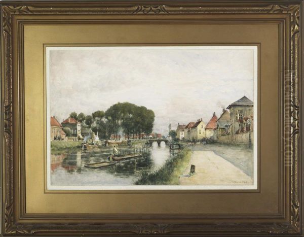 Boatman On A Village Canal Oil Painting by Arthur George Bell