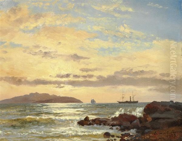 Seascape With Sailing Ships Off The Coast Oil Painting by Emanuel Larsen