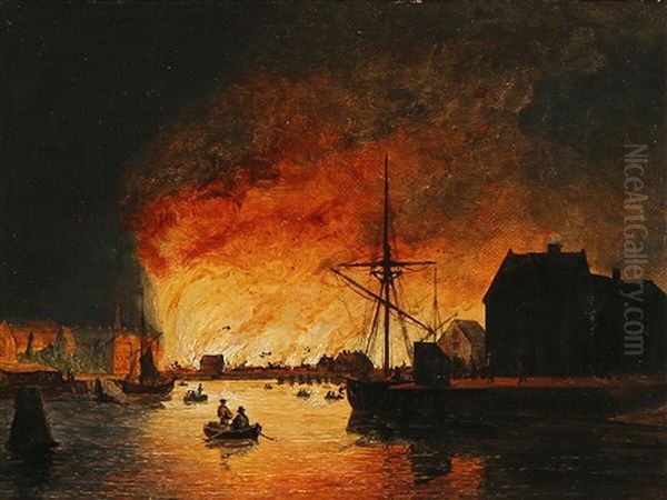 A Fire On Christianshavn Oil Painting by Emanuel Larsen