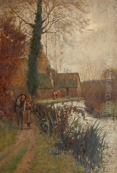 Figures On A Riverside Path Oil Painting by Arthur George Bell