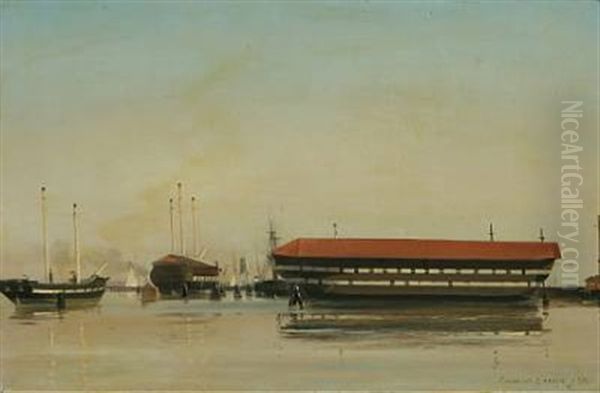 Seascape With A Ship In Copenhagen Harbour Oil Painting by Emanuel Larsen