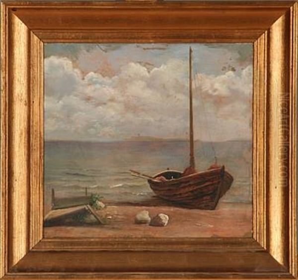 Coastal Scene With A Fishing Boat On The Beach Oil Painting by Emanuel Larsen