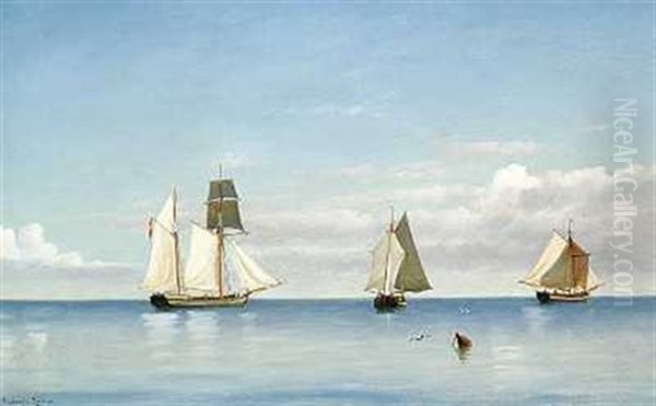 Marine Med Sejlskibe Pa Havet En Vindstille Dag Oil Painting by Emanuel Larsen