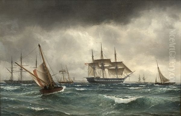 Dansk Og Russisk(?) Fregat, Lodsbad Samt Andre Sejlskibe Pa Rheden I Sundtoldens Dage, Et Uvejr Truer Oil Painting by Emanuel Larsen