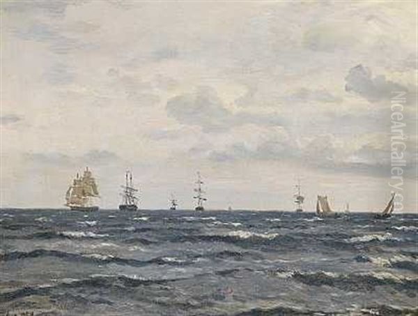 Sejlskibe Pa Havet Oil Painting by Emanuel Larsen