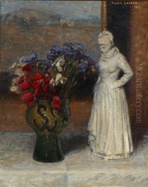 Still Life With Flowers And Figurine Oil Painting by Hugo Valdemar Larsen