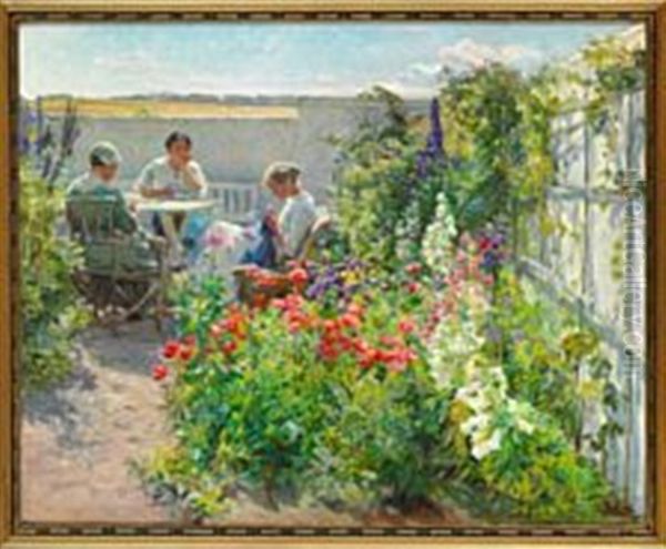 Summer Day With Flowers In Bloom In The Garden And Three Young Women Sewing Oil Painting by Knud Erik Larsen