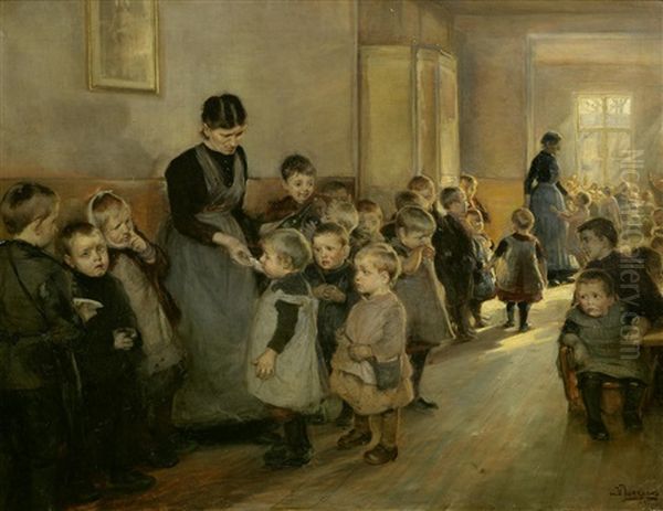 A Break At School Oil Painting by Knud Erik Larsen