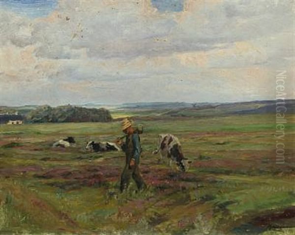 Heath Landscape With Cattle On Pasture Oil Painting by Knud Erik Larsen