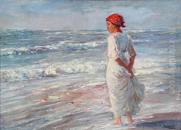 A Girl At The Beach Oil Painting by Knud Erik Larsen